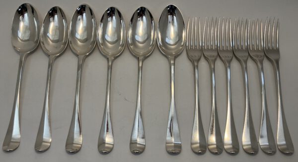 6 zilveren tafelcouverts, zilver 1e gehalte, gemaakt door f.r.precht te Amsterdam, gilde zilver, 18e eeuws zilver, Haarlemsche Zilversmed erij K.H.Schermerhorn