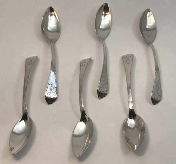 6 theelepeltjes, a. jansen, middelburg, 1801, zilver, gilde, haarlemsche zilversmederij, k.h.schermerhorn, haarlem